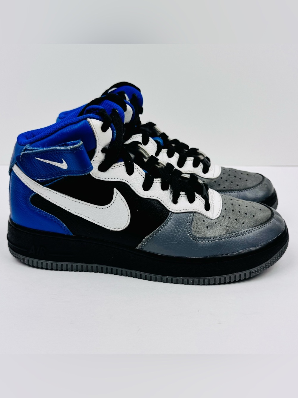 Nike Air Force 1 sneakers. Ankle strap. Royal blue, black, white, grey. Size 7.
